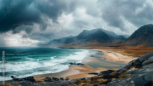 Majestic Mountains Looming over Windswept Ocean Shore
