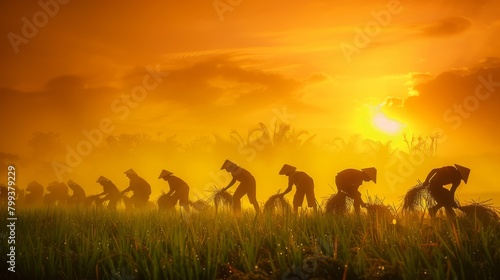 Agricultural Workers Bending in Rice Fields at Sunrise