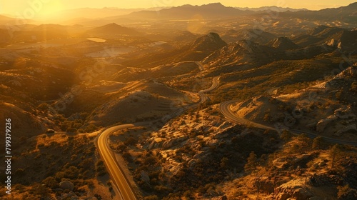 Sunset Over Mountain Pass Road Aerial View © Ilia Nesolenyi