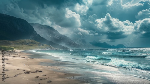 Dramatic Coastal Scene with Storm Over Ocean and Mountains