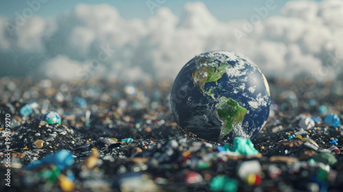 An environment concept with a globe of Planet Earth washed up on a beach with litter, plastic and pollution 