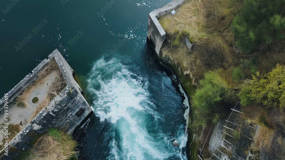 Aerial view of a Hydroelectric dam spillway with water flowing through channel