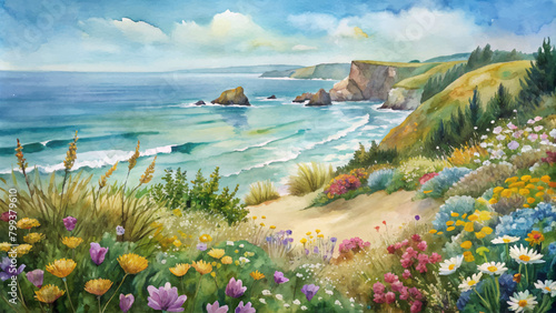 Watercolor background of wildflowers growing on the beach