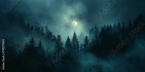 Foggy forest at night with full moon photo