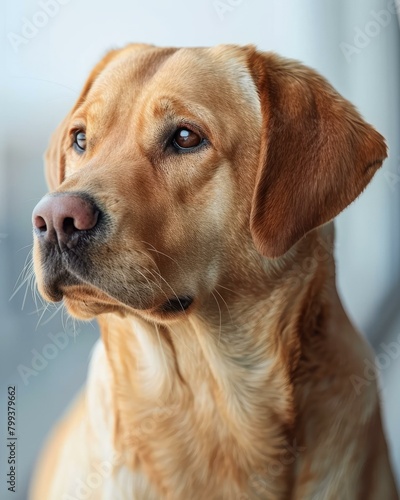 A portrait of a brown Labrador Retriever