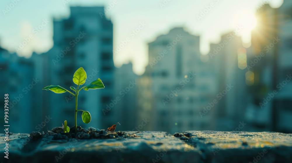 A small plant sprouting and growing from a ledge in a city with an urban blurred out background