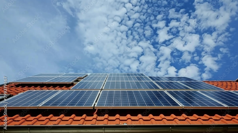 Solar panels on a roof looking up at the sky