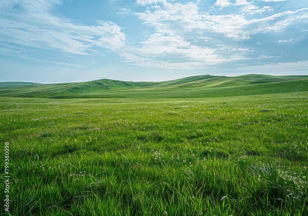Vast green grassland landscape under blue sky with white clouds