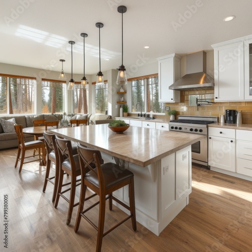 Open concept kitchen with large island and seating