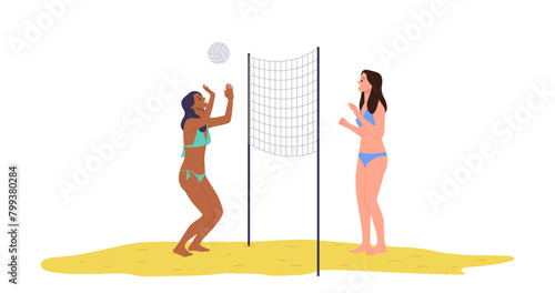 Two young female friends cartoon characters wearing bikini swimwear playing beach volleyball