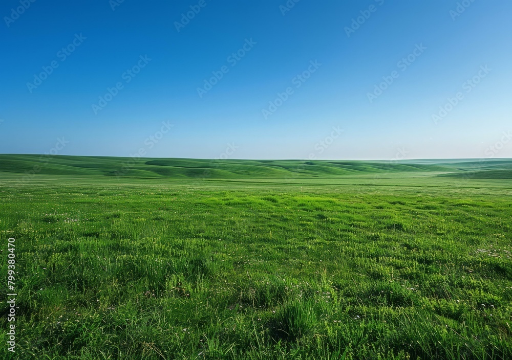 Vast green grassland under blue sky