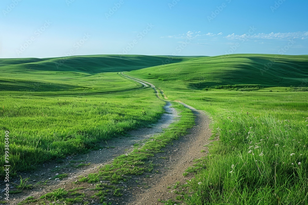 Dirt road through a lush green grassy hill