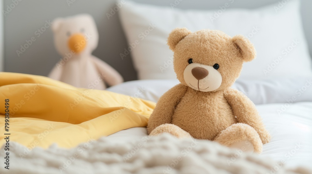 A cute teddy bear sitting on a bed with a yellow blanket A cute teddy bear sitting on a bed with a yellow blanket