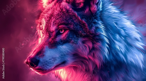  A wolf's face in focused detail against a vibrant red and blue backdrop The head appears slightly blurred in the periphery