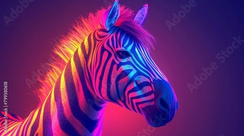   A detailed shot of a zebra s head under a multicolored spotlight  illuminating its striped body