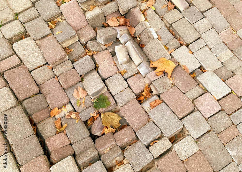 Fototapeta premium A close-up view of a cobblestone pavement, with an assortment of rectangular stones in color, ranging from light gray to tan to brown. Some of the stones are slightly displaced or uneven.