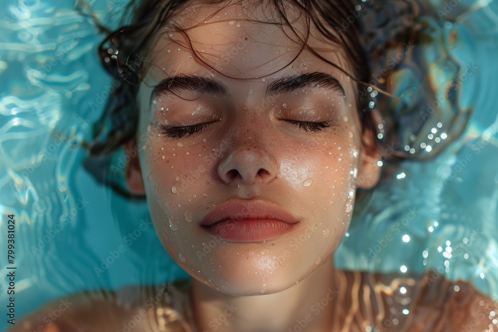 A woman sunbathes on the surface of the water in a swimming pool. Summer relaxation on vacation. Background