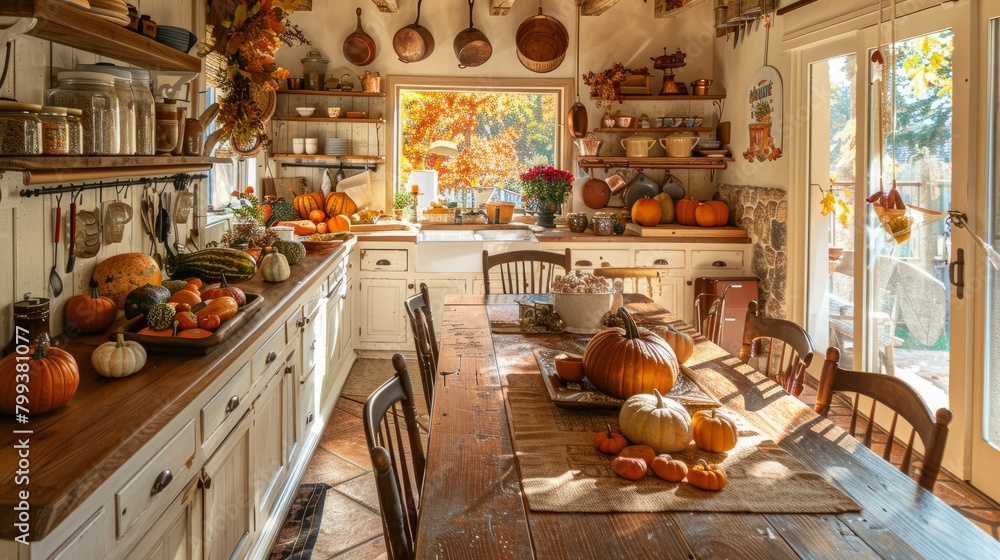 Thanksgiving Decor in Farmhouse Kitchen with Autumn Pumpkins