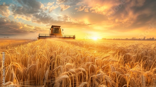 Combine Harvester in Action on Golden Wheat Field at Sunset