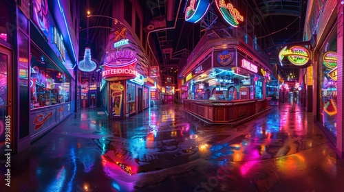 Neon Lights on Rainy Entertainment District Street