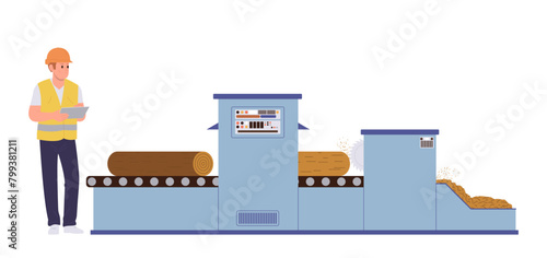 Operator cartoon male character working at automatic industrial conveyor belt on paper factory
