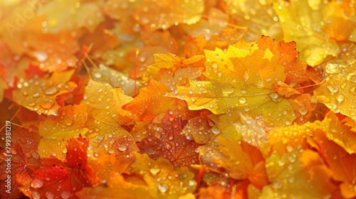 Golden Autumn Leaves with Dew in Sunlight