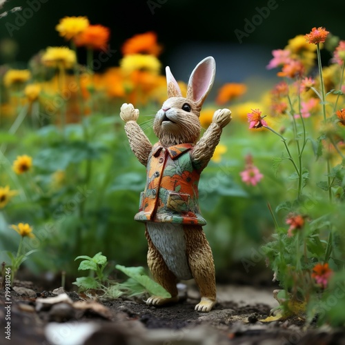 A ceramic rabbit figurine standing in a garden of flowers