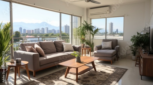 A bright and airy living room with a large windows and a view of the city