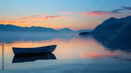 Solitary Boat on Calm Lake at Dusk
