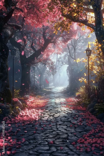 fantasy beautiful forest path with pink flowers