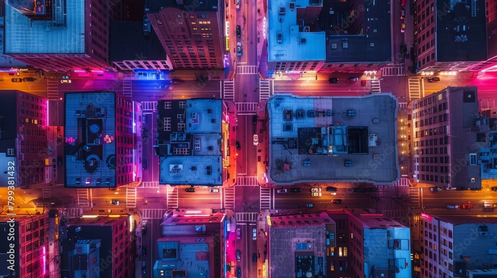 Aerial View of City Grid Lit by Neon Signage