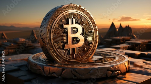 A large gold Bitcoin sits on top of an altar in a temple. photo