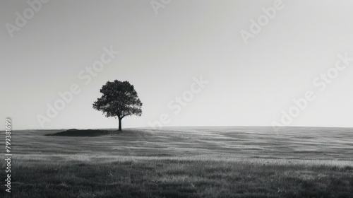 black and white photo of a lonely tree in the middle of a large grassy field photo