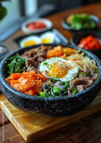 Korean food dolsot bibimbap with beef, egg and vegetables