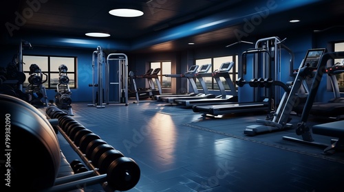 Blue modern gym interior with exercise machines and weights photo