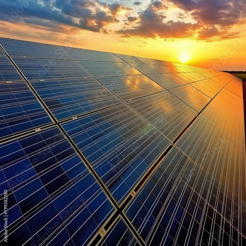 A large solar farm generates electricity from the sun's energy. photo