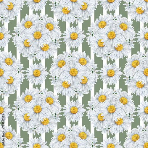 Seamless pattern of watercolour chamomile flowers bouquet round. Hand drawn illustration. Botanical hand painted floral elements on striped green background. For print decoration  fabric  wrapping 