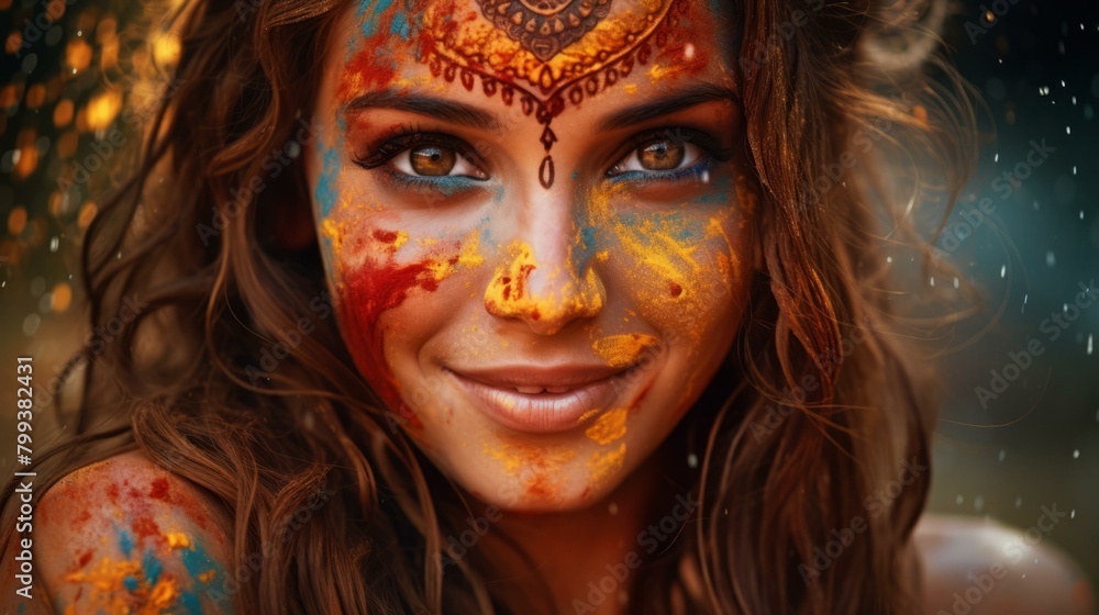 Portrait of a young woman with colorful face paint.