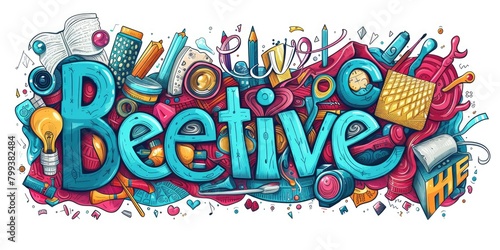 The letter of be creative in variant texture with bright light colorful color with making or constructing with musical element and art equipment with 3D design. Recreation concept. Lettering. AIG42.