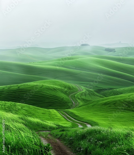 Countryside dirt road through green rolling hills © Adobe Contributor