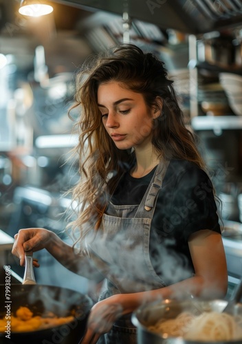 Young woman cooking in a restaurant kitchen
