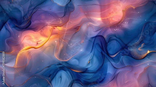 A blue and orange swirl of paint with a starburst in the middle. The blue and orange colors create a sense of movement and energy  while the starburst adds a sense of wonder and excitement