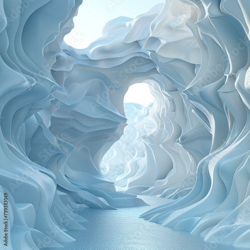 Icy blue cave with a river running through it