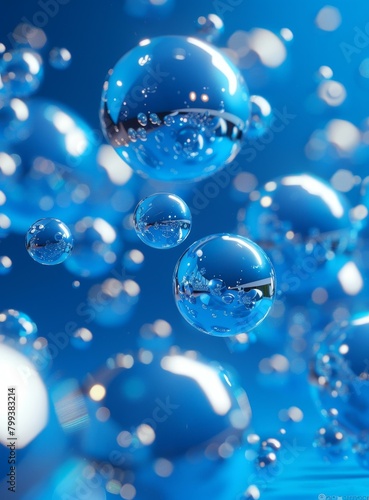 Blue water bubbles floating upwards