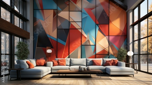 Modern geometric wall mural wallpaper in living room interior