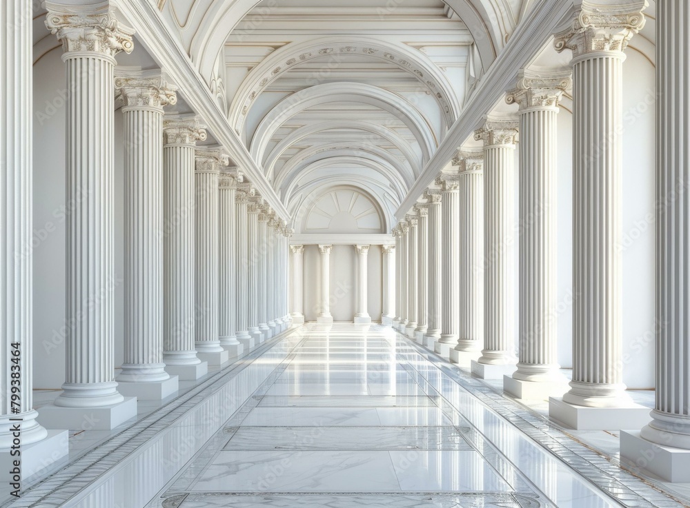 A long hallway with white marble columns and a shiny floor A long hallway with white marble columns and a shiny floor