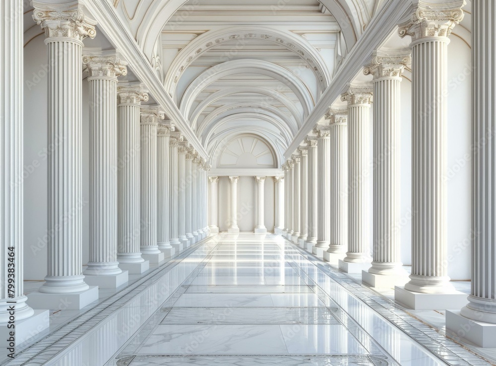 A long hallway with white marble columns and a shiny floor