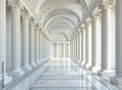 A long hallway with white marble columns and a shiny floor