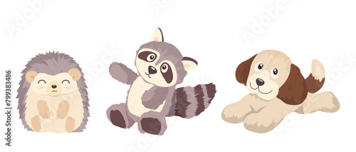 Cute cartoon playthings for children isolated set with raccoon, puppy, hedgehog plush baby toys