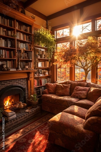 Cozy library with a fireplace and a view of the fall foliage